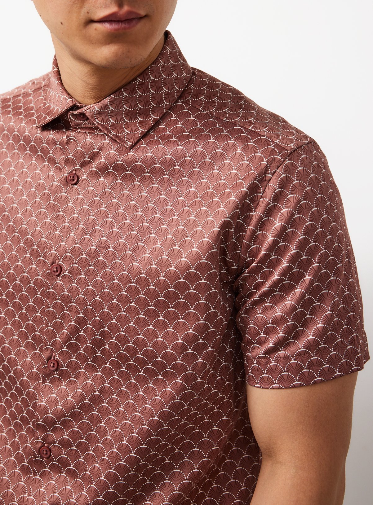 Dark Pink Geo Print Satin Short Sleeve Slim Fit Shirt XXL - Image 2 thumbnail